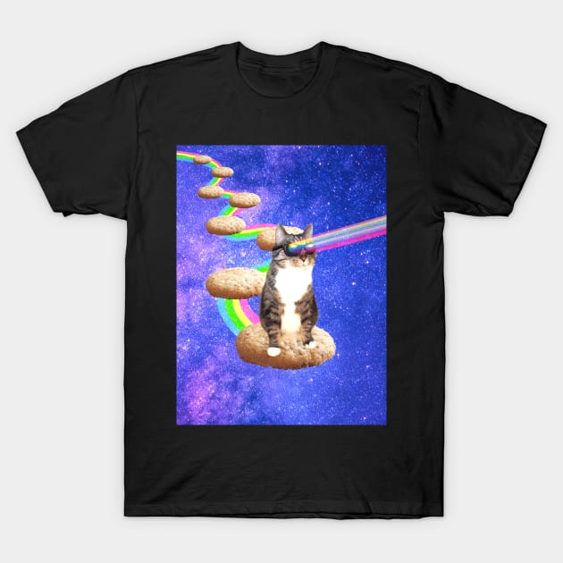 Cute tabby cat in space shooting rainbows from the sunglasses T-Shirt by Purrfect